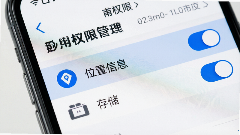 手机设置界面特写,显示“应用权限管理”页面,高亮显示“位置信息”、“存储”权限开关,界面简洁,图标清晰,白色背景,蓝色选中状态,高清细节