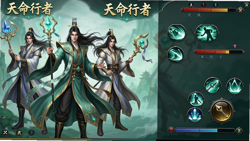 主体为游戏《天命行者》的核心界面全景,布局采用横向宽屏视角,左侧展示多位身披法袍、手持法器的仙侠英雄角色立绘,右侧显示战斗技能按钮与血量条,排版紧凑且层次分明,风格为东方玄幻写实风,细节包含角色飘逸的发丝与衣袂动态,画质高清细腻,画面干净无多余杂乱元素,色彩以青绿与淡金为主色调,文字清晰显示