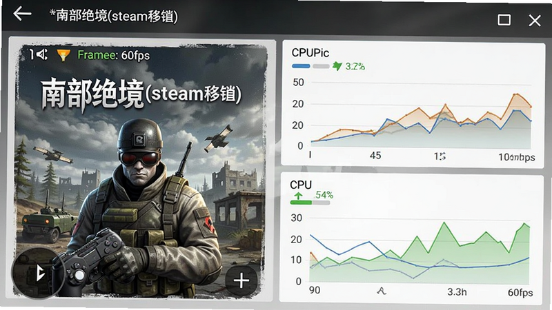 手机游戏助手界面,显示《南部绝境(steam移植)》正在运行,帧率稳定在60fps,CPU占用率适中,界面简洁,数据图表清晰,无多余装饰,高清屏幕截图