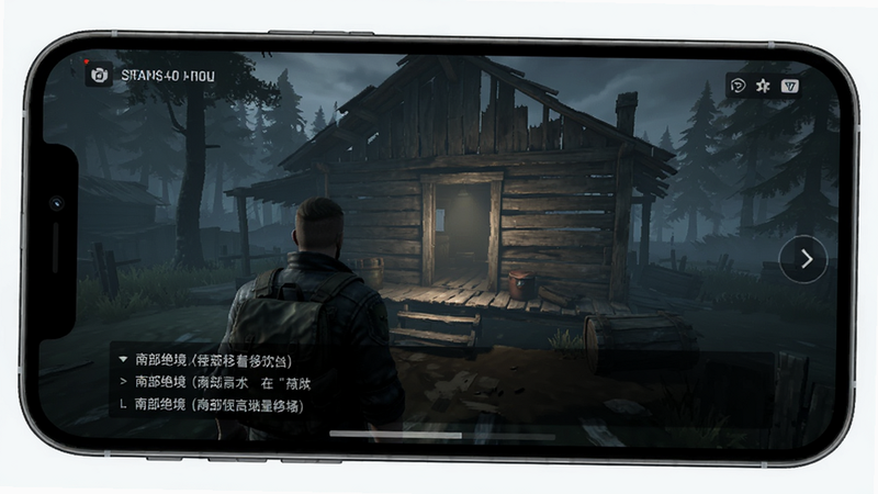 《南部绝境(steam移植)》游戏内的对话场景截图,角色背影面对破旧的木屋,屏幕下方显示中文字幕选项,画面充满悬疑感,光影效果细腻,手机界面展示,高清细节,无水印