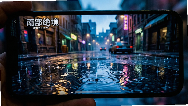 《南部绝境(steam移植)》游戏内的雨天场景,雨水滴落在地面上形成涟漪,背景是模糊的街道,画面具有电影质感,手机屏幕特写,展示游戏画面细节,色彩饱和度高,清晰锐利,无杂乱背景