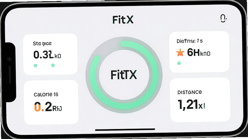 一张展示 FitX 应用主界面的高清手机屏幕截图,背景为干净的浅灰色,屏幕中央显示一个圆形的运动进度环,颜色为清新的薄荷绿,周围环绕着步数、卡路里和距离三个关键数据模块,字体清晰锐利,整体风格现代简约,无多余装饰,4k 画质