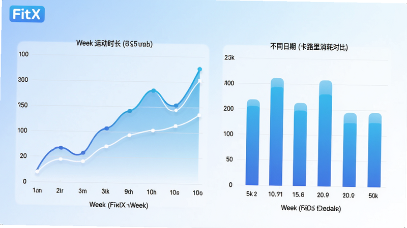 FitX 应用中的数据统计页面,包含折线图展示一周内的运动时长变化,柱状图对比不同日期的卡路里消耗,配色采用蓝白渐变,图表线条流畅,坐标轴清晰,整体设计简洁专业,无杂乱元素,8k 清晰度