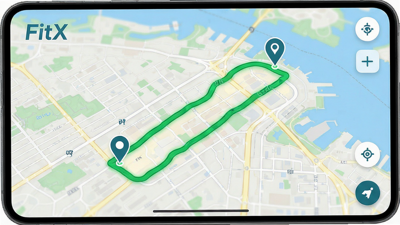 FitX 应用地图界面,显示一条清晰的绿色跑步轨迹,背景为城市地图,标记点准确,无偏移,风格为 UI 设计展示,细节精致,色彩协调,高分辨率