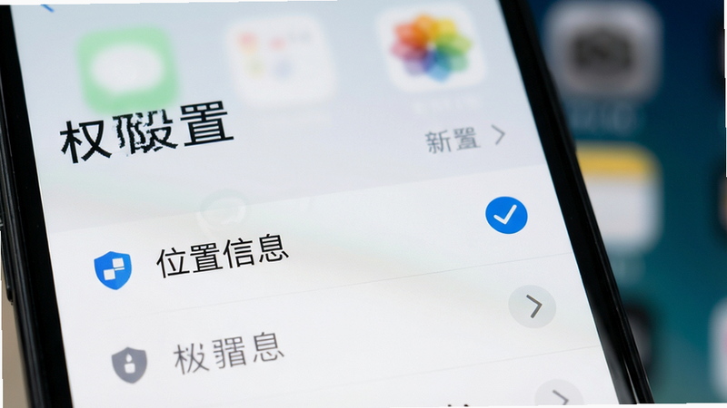 手机设置界面的特写,显示权限管理列表,其中“位置信息”选项被勾选,背景模糊,风格清晰直观,排版整齐,细节处有盾牌图标代表安全,画质高,干净,无多余元素,文字包含“权限设置”