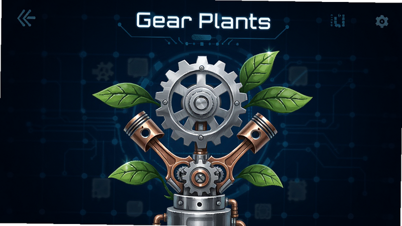 ����Ϊһ����ΪGear Plants���ֻ�Ӧ�ý��棬���ֲ������ĶԳ���ƣ�����չʾһ������ɫ�������֡�ͭɫ��������ɫҶƬ��ɵĻ�еֲ�����Ϊ����ɫ�Ƽ������Ű����࣬���Ϊ���������������˽�ϣ�ϸ������չʾ����ҧ�ϴ������ʸ��壬�ɾ����޶���Ԫ��