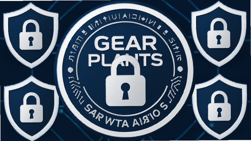 ������Gear Plants�İ�ȫ��֤���£�����Ϊ����Բ�λ��£���Χ���ƶ��ƺ�����ͼ�꣬����Ϊ����ɫ���Ű�Գƣ����Ϊ���οƼ��У�ϸ��չʾ��ȫ����־�����ʸ��壬�ɾ����޶���Ԫ��