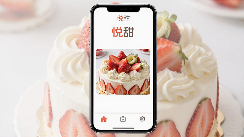 一张展示悦甜APP主界面的手机屏幕截图,主体是中央的大面积白色背景,顶部显示“悦甜”Logo,中间是精美的草莓奶油蛋糕图片,底部有三个功能图标,布局整洁对称,排版清晰,风格清新简约,细节丰富,画质高清,干净,无多余元素