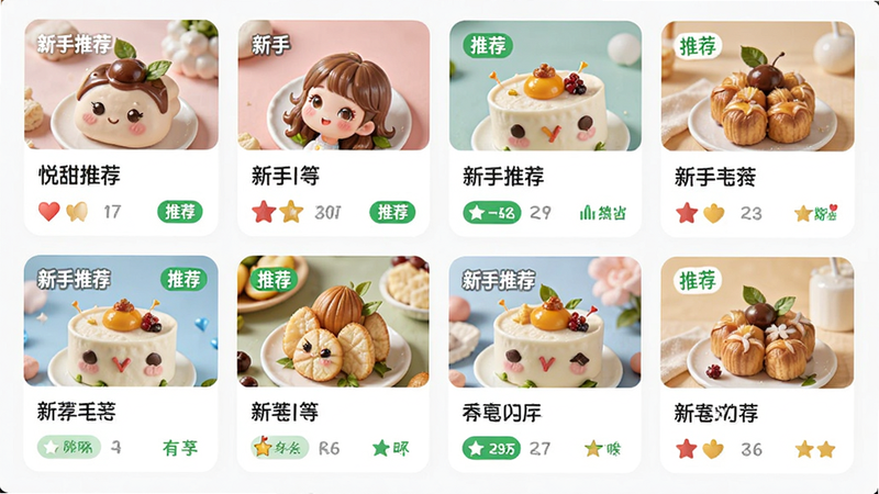 悦甜APP的新手推荐列表界面,主体是几张标注“新手推荐”的卡片,布局卡片式排列,排版整齐,风格引导性强,细节包括绿色的“推荐”标签,画质明亮,干净,无多余元素