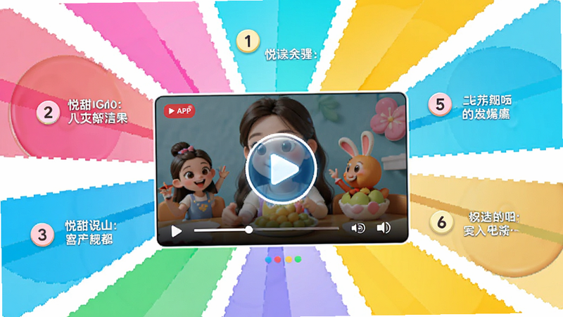 悦甜APP的步骤演示页面,主体是中间的视频播放框,周围环绕着步骤编号和简短文字说明,布局中心辐射状,排版直观,风格生动活泼,细节包括播放按钮的高光效果,画质明亮,干净,无多余元素