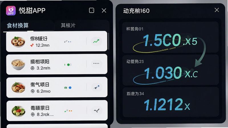 悦甜APP内的食材换算界面,主体是左侧的食材列表和右侧的动态数值显示区,布局左右分栏,排版紧凑有序,风格现代科技,细节包括高亮的数字变化动画,画质清晰,干净,无多余元素