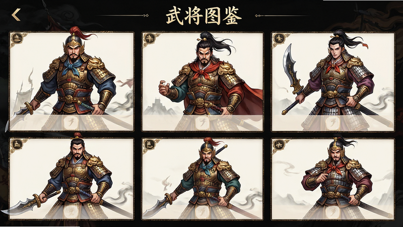 主体为《乱世争锋》武将卡牌展示界面,布局为九宫格排列,排版清晰,风格为精致二次元国风插画,细节展示不同将领的服饰与武器,画质高清,干净无多余元素,文字显示“武将图鉴”