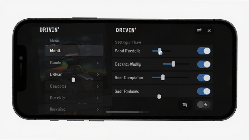 主体为手机屏幕显示《DRIVIN'》游戏设置界面,布局清晰,左侧为菜单列表,右侧为当前设置项,背景为深色模式,字体清晰易读,风格为现代简约UI设计,细节包括滑块和开关按钮,画质清晰,干净无杂乱元素,无水印
