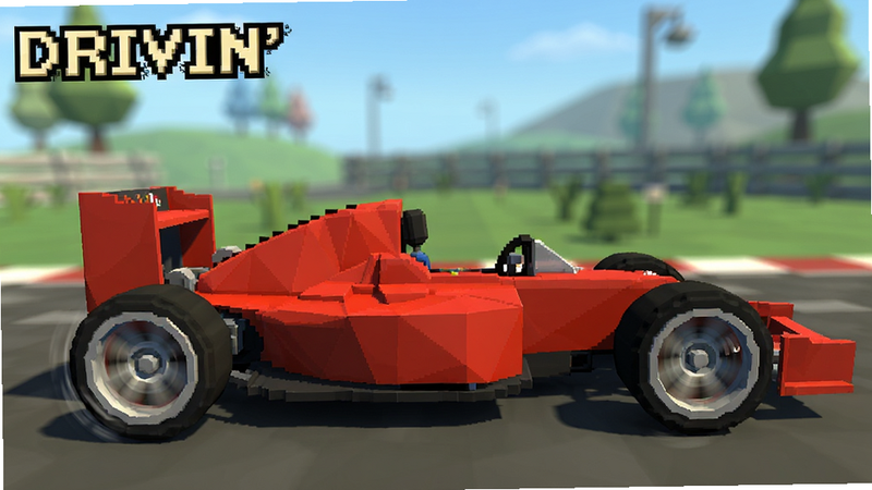 展示《DRIVIN'》游戏内的赛车特写,主体为一辆红色像素赛车,布局为侧面视角,车身细节丰富,轮胎转动带有动态模糊效果,背景虚化处理以突出主体,风格为低多边形与像素混合,光影效果自然,细节锐利,画质极佳,干净背景,无文字干扰