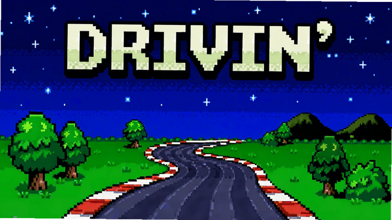 主体为游戏《DRIVIN'》的主界面截图,布局居中,上方显示大号像素字体标题