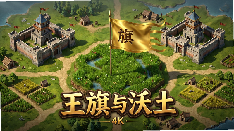 游戏主界面全景图,主体为“王旗与沃土”游戏Logo及核心地图场景,布局中心突出金色王旗插于绿色沃土之上,周围环绕着城堡、农田与道路,排版对称平衡,风格为高清写实游戏美术,细节丰富如砖石纹理与旗帜飘动质感,画质4k,干净,无多余元素