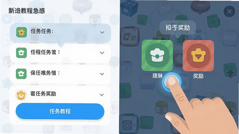 新手教程界面截图,主体为手指点击屏幕引导操作,布局展示任务列表与奖励图标,排版简洁明了,风格为扁平化UI,细节展现高亮按钮与提示气泡,画质清晰,干净,无多余元素