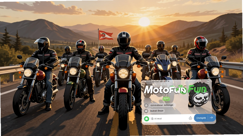 一群摩托车手在公路上集结的场景插画,前景突出 MotoFUN APP 界面卡片,显示聊天界面,背景是夕阳下的山脉,写实风格,高细节,光影效果逼真,主体清晰,布局平衡,干净,无水印