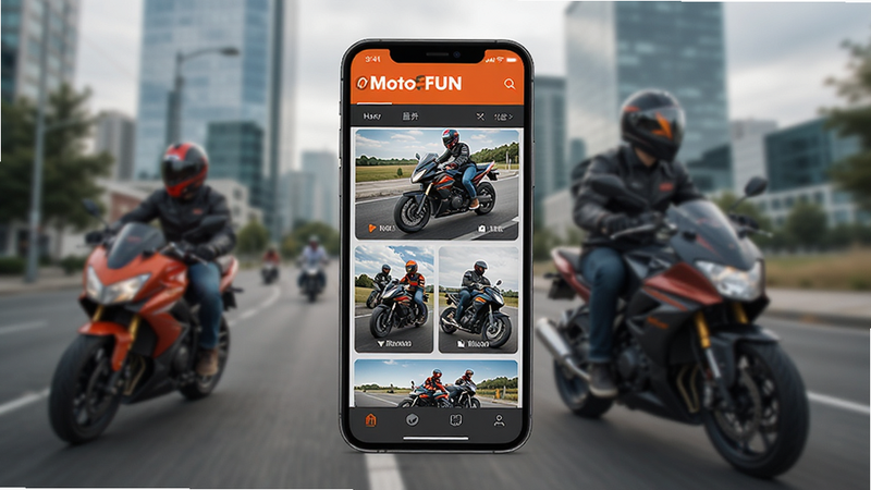 一张展示 MotoFUN APP 界面的高质量 UI 设计图,主体为手机屏幕,显示首页摩托车图片流,背景为模糊的城市骑行场景,包含