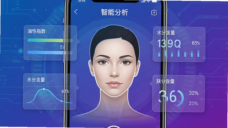 展示手机屏幕上的肤质分析页面,屏幕中央是一个女性面部轮廓图,周围环绕着数据图表,如“油性指数”、“水分含量”等标签,背景为科技感蓝紫色渐变,主体突出,布局清晰,排版专业,细节精致,画质高清,干净无多余元素,文字显示“智能分析”