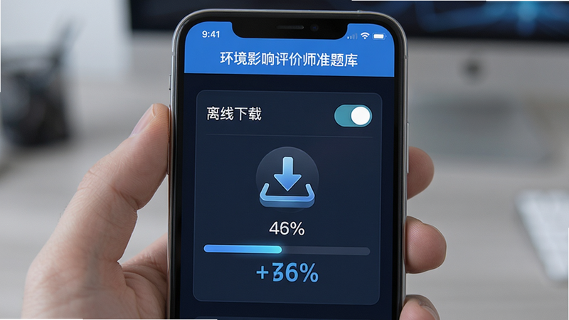 主体为手机屏幕,显示“环境影响评价师准题库”APP的设置界面,布局中有“离线下载”开关和进度条,排版居中,风格科技感,细节为下载图标和百分比显示,4k高清,干净,无多余元素