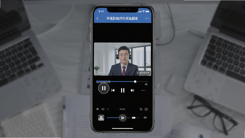 主体为手机屏幕,显示“环境影响评价师准题库”APP的视频播放界面,布局包含播放控件和字幕区,排版全屏,风格沉浸式,细节为暂停按钮和进度条,4k高清,干净,无多余元素