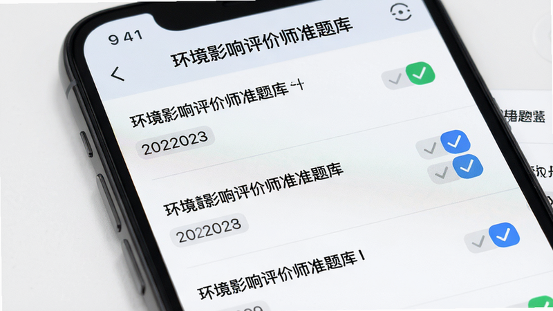 主体为手机屏幕特写,显示“环境影响评价师准题库”APP内的真题列表页面,布局为列表式,每行显示题目摘要和年份标签,排版整齐,风格简洁商务,细节为勾选状态图标,4k高清,干净,无多余元素