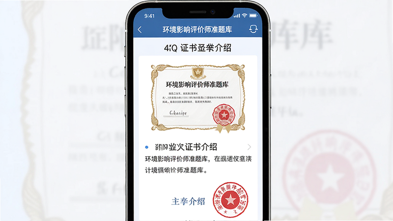 主体为手机屏幕,显示“环境影响评价师准题库”APP的证书介绍页面,布局包含证书图片和文字说明,排版居中,风格正式,细节为印章和文字内容,4k高清,干净,无多余元素
