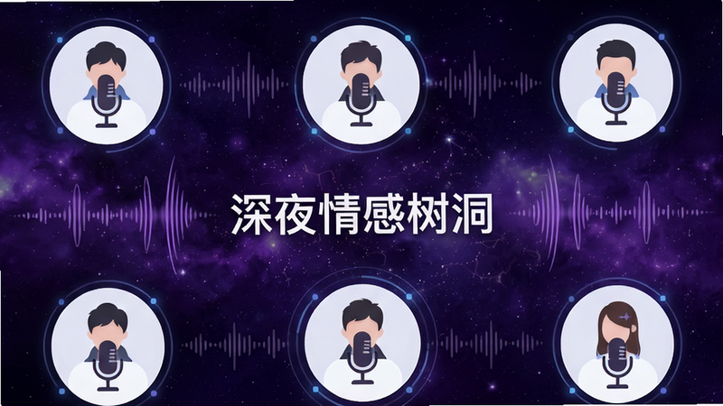 缘陌APP语音房界面示意图,显示多个圆形头像麦克风图标,中央为房间标题“深夜情感树洞”,背景为深紫色星空图案,带有声波波动效果,风格科技感强,细节丰富,高清,干净