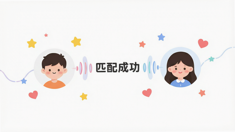 缘陌APP匹配界面概念图,两个用户头像通过声波线条连接,背景为白色极简风格,中间显示“匹配成功”字样,周围点缀着星星和爱心符号,风格清新可爱,布局居中,高清,无多余元素