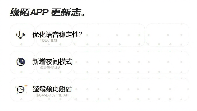 缘陌APP更新日志页面示意图,列出“优化语音稳定性”、“新增夜间模式”等条目,背景为白色,文字清晰,风格简约,高清,干净