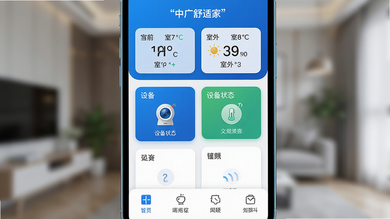 ����Ϊ�ֻ���Ļ��д����ʾ���й����ʼҡ�APP���棬����������������ʾ��ǰ�����������£��в�Ϊ�豸״̬��Ƭ���ײ�Ϊ���ܲ˵�������Լ�ִ�����ɫ�Ƽ�ɫ����ϸ�ڷḻ�����廭�ʣ��ɾ��޶���Ԫ�أ����ּ�����