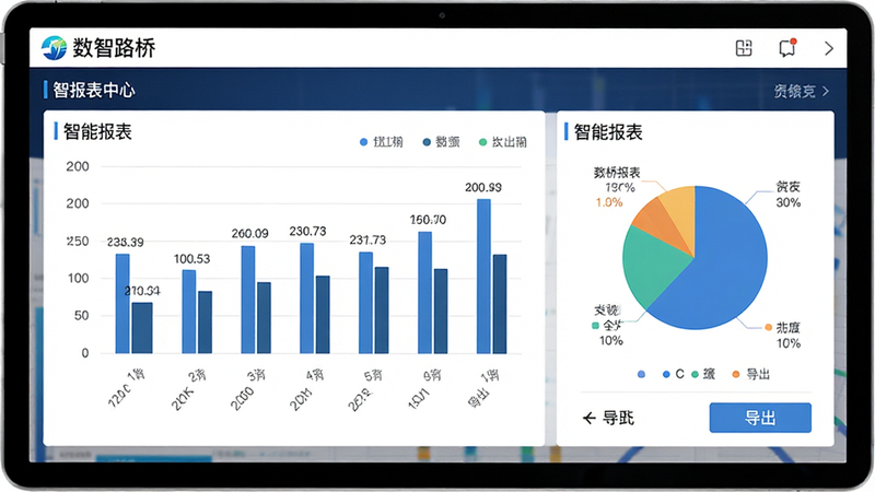 商务风格,展示“数智路桥”APP的报表中心界面,主体为柱状图与饼图组合,布局网格化,排版专业,风格严谨,细节包含数据标签与导出按钮,画质高保真,干净,无多余元素,文字标注“智能报表”