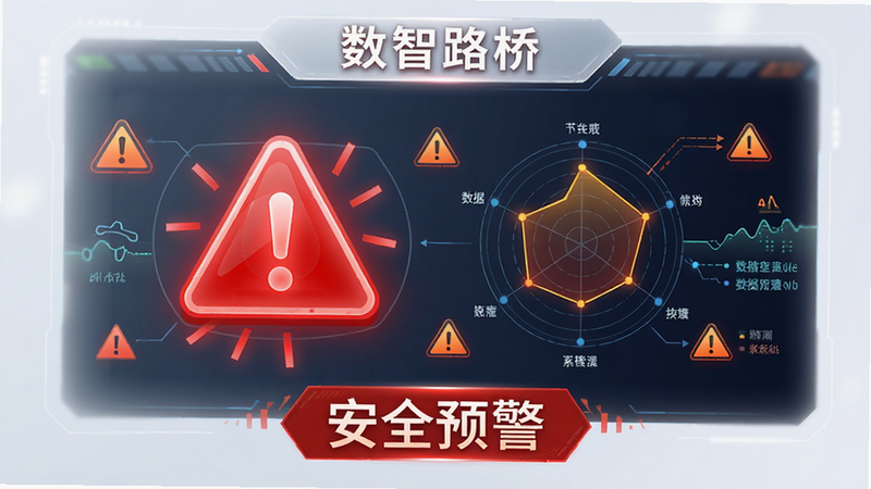 科技感风格,展示“数智路桥”APP的安全预警模块,主体为红色警报图标与数据雷达图,布局中心突出,排版紧凑,风格警示性强,细节包含警告符号与数据流,画质清晰,干净,无多余元素,文字标注“安全预警”