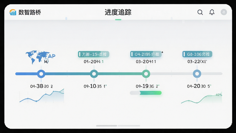 扁平化设计,展示“数智路桥”APP内的进度管理界面,主体为横向时间轴,节点清晰,布局左右对称,排版简洁,风格现代,细节包含进度条与日期标签,画质高清,干净,无多余元素,文字标注“进度追踪”