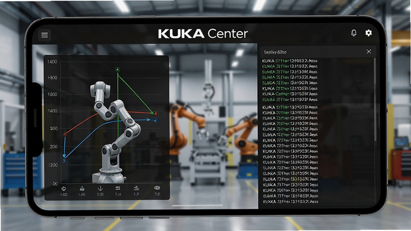 ����Ϊ KUKA Center ��׿Ӧ�ý���ȫ��չʾ�����ֲ�����ɫģʽ��ҵ�磬�����ʾ�����˹ؽ�״̬ͼ�����Ҳ���ʾʵʱ��־�б�����������Ŀ��
