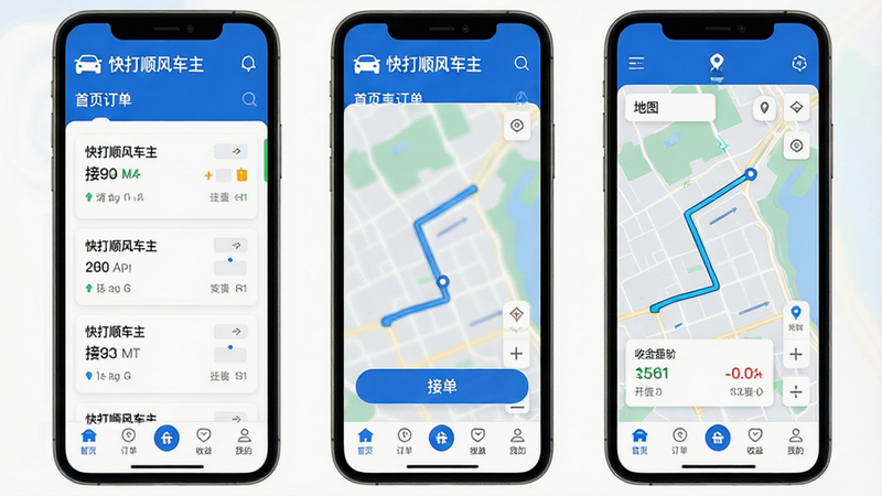 ����Ϊ�����˳�糵����APP���棬����������չʾ��ҳ�����б����ͼ����ģ�飬������Ʒ��Logo���ײ��е��������Ű����࣬����ִ���Լ������������ɫ��ϸ�ڰ���������Ƭ����ͼ·�߸���������ͳ��ͼ�ꡣ���ʸ��壬�ɾ��޶���Ԫ�أ����ְ��������˳�糵���������ӵ���������ͼ����