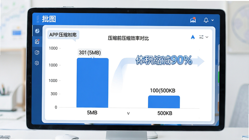 ����Ϊ���ݿ��ӻ�ͼ�����棬��ʾ����ͼ��APP��ѹ��Ч�ʶԱȣ���״ͼչʾѹ��ǰ��5MB����ѹ����500KB����������죬���ּ�࣬�������������ɫ��ϸ��Ϊ���ݱ�ǩ��ȷ�����ֱ�ǩ