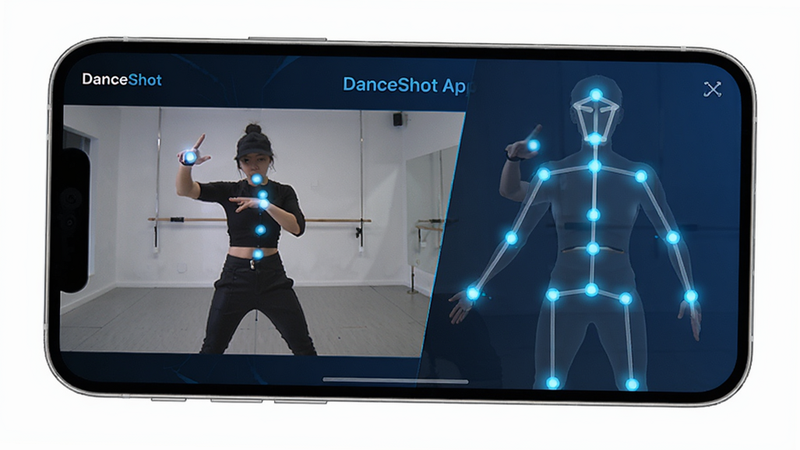 ����ΪDanceShot App���棬���������ʾʵʱ����ͷ���棬�Ҳ���Ӱ�͸����������ͼ���Ű����������Ƽ�����ɫ����ϸ��չʾ�ؽڵ㷢��Ч�������ʸ��壬�ɾ��޶���Ԫ�أ�����