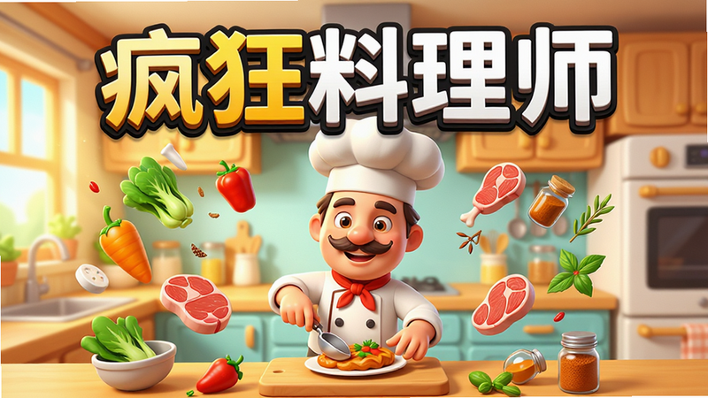 主体为一款名为“疯狂料理师”的手机游戏宣传海报,布局居中,上方显示大号标题文字“疯狂料理师”,背景是明亮温馨的厨房场景,一位卡通厨师正在忙碌地制作美食,周围漂浮着各种食材如蔬菜、肉类和香料,整体风格为3D卡通渲染,色彩鲜艳饱和,细节丰富,高清画质,干净无多余元素