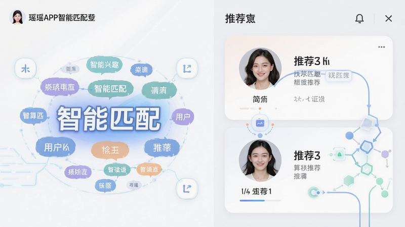 主体为瑶瑶APP智能匹配推荐界面,布局分为左右两栏,左侧显示用户兴趣标签云,右侧展示推荐的用户头像与简介卡片,风格科技感与亲和力并存,配色柔和,细节展示算法推荐逻辑的可视化示意图,画质清晰,干净,无多余元素,文字“智能匹配”醒目