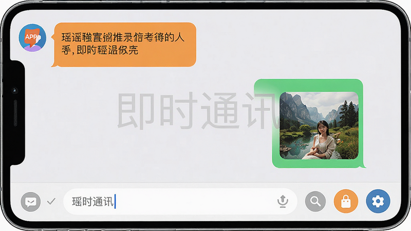 主体为瑶瑶APP聊天对话框界面,布局简洁,左侧显示发送的气泡消息,右侧显示接收的气泡消息,包含文字与图片消息类型,风格扁平化,色彩对比鲜明,细节展示输入框与功能按钮,画质高清,干净,无多余元素,文字“即时通讯”隐约可见