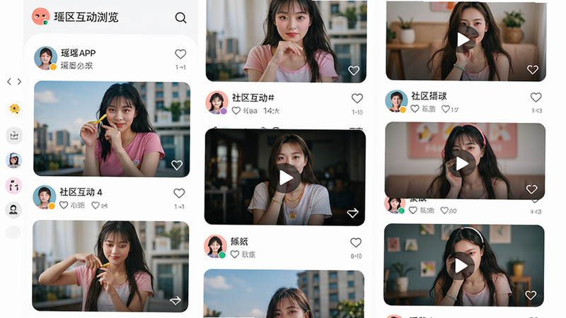 主体为瑶瑶APP社区内容浏览界面,布局呈现瀑布流样式,展示多张高质量的生活照片与短视频封面,风格年轻活力,色彩丰富但不杂乱,细节体现用户头像与点赞数等社交元素,画质细腻,干净,无多余元素,文字“社区互动”清晰