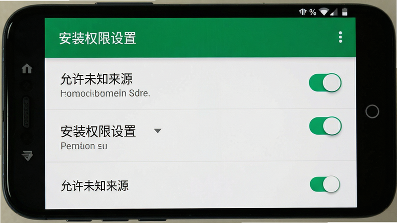 主体为手机设置界面截图,布局为列表式权限管理页面,排版清晰,风格为安卓原生UI,细节显示“允许未知来源”开关为开启状态,画质清晰,干净,无多余元素,文字“安装权限设置”显示在标题栏