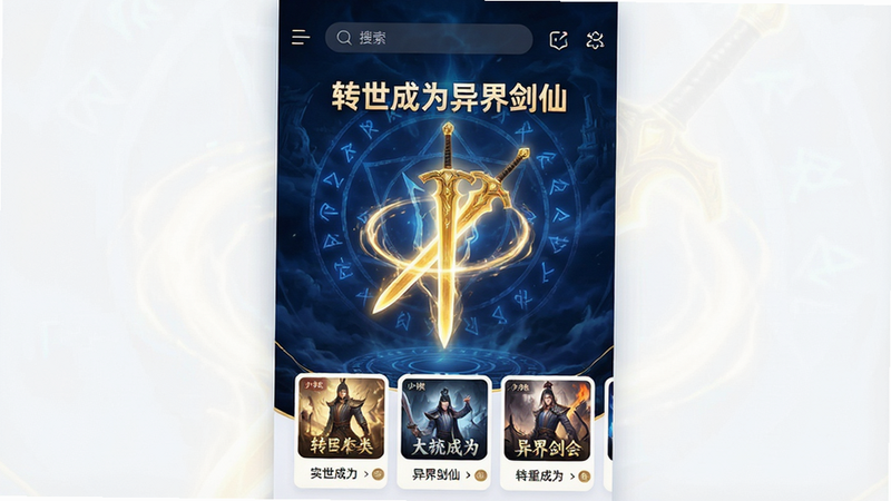 一张展示“转世成为异界剑仙”APP首页界面的高清设计图,主体为深蓝色玄幻背景,中央悬浮着发光的金色剑意特效,下方排列着整齐的小说分类卡片,顶部有简洁的搜索栏和导航图标,整体风格大气磅礴,光影效果细腻,画质极高,干净无多余元素,文字“转世成为异界剑仙”清晰可见
