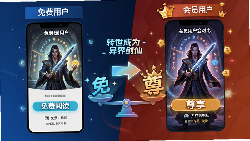 “转世成为异界剑仙”免费与会员权益对比图,左侧展示免费用户界面,右侧展示会员用户界面,中间用天平或箭头连接,突出“免费”与“尊享”的差异,色彩对比鲜明,布局对称,风格现代简约,画质高清,文字“免费阅读”清晰