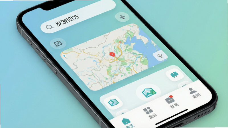 主体为智能手机正面特写,屏幕显示‘步游四方’APP主界面,布局清晰分为顶部搜索栏、中部地图预览区、底部功能导航栏,排版整洁有序,风格为现代扁平化设计,细节包括柔和的蓝绿色调背景、圆润的卡片式UI组件、清晰的图标线条,画质高清4K,干净无多余元素,文字‘步游四方’清晰可见