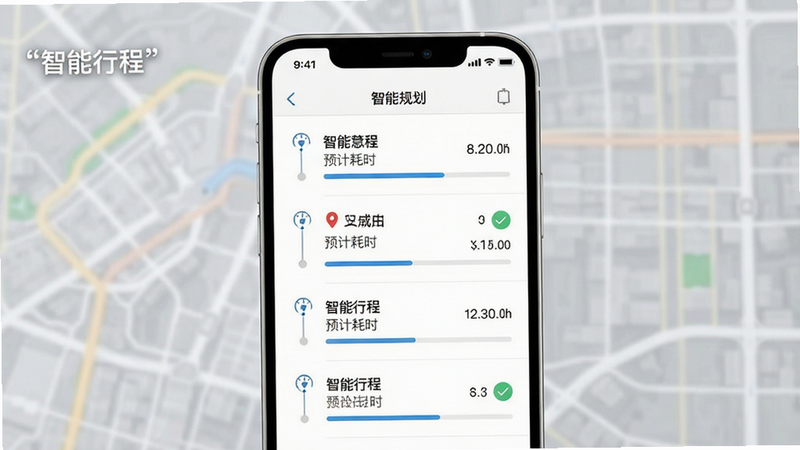 主体为APP行程规划界面展示,布局呈现列表形式,每项包含时间轴图标、地点名称、预计耗时,排版垂直排列,风格简约商务,细节显示进度条与勾选状态,画质精细,干净,无杂乱背景,文字‘智能行程’加引号