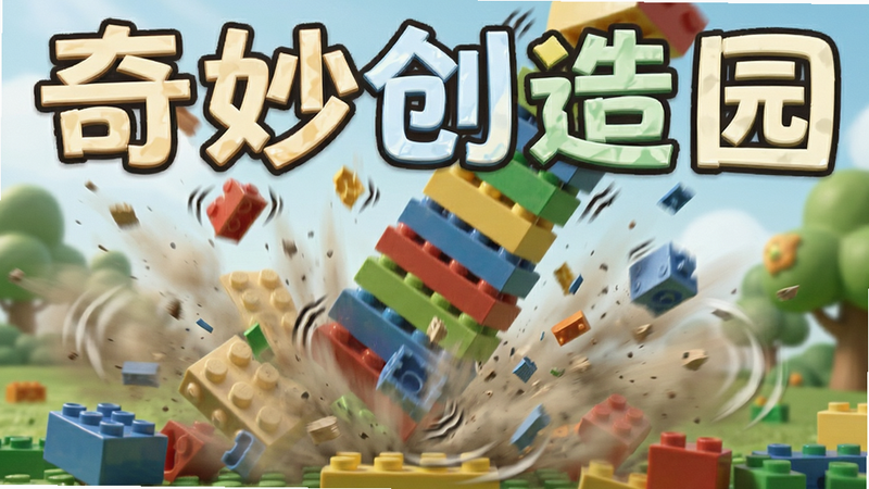 主体为积木倒塌的动态瞬间截图,布局动态感强,排版自然,风格写实卡通结合,细节表现碎屑与震动效果,画质高,干净,无多余元素,包含文字