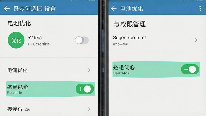 主体为手机设置界面截图,展示电池优化与权限管理页面,布局清晰,排版规范,风格系统原生UI,细节高亮显示允许选项,画质清晰,干净,无多余元素,包含文字